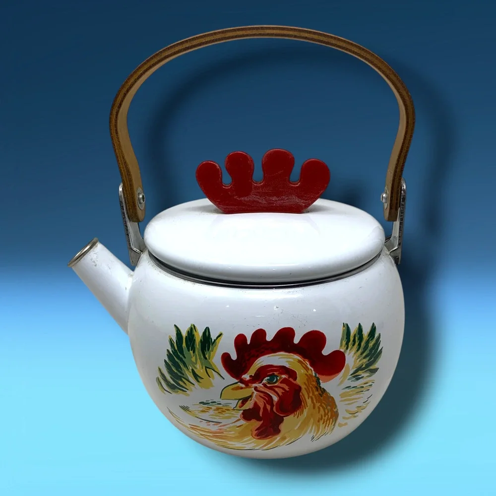 Vintage Rooster Enamel Tea Kettle White Country Farmhouse Wood Handle 8